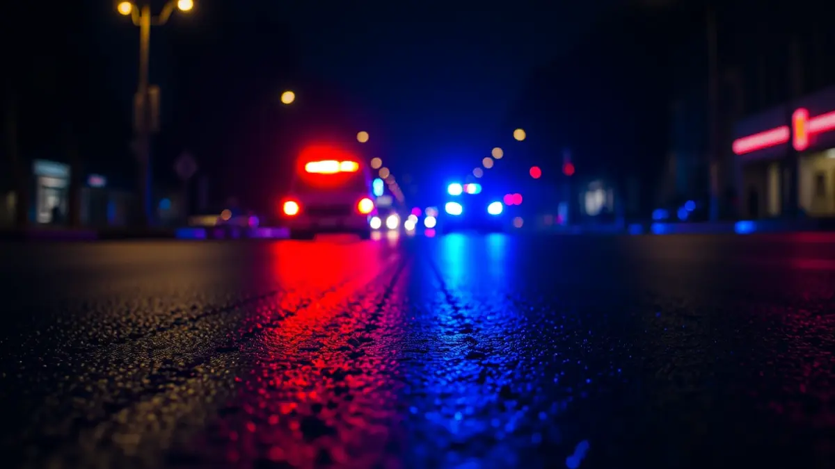 Imagen genérica de luces de emergencia policiales reflejadas en el asfalto mojado.