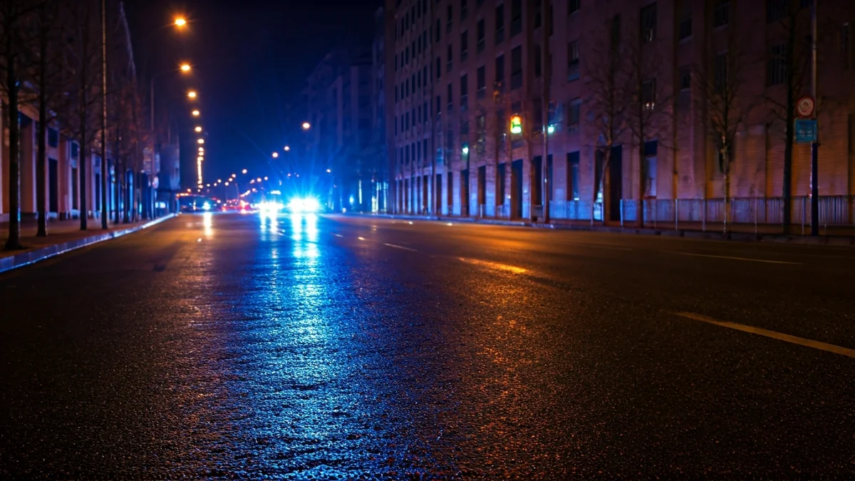 Generic image of police emergency lights reflecting on wet asphalt at night.