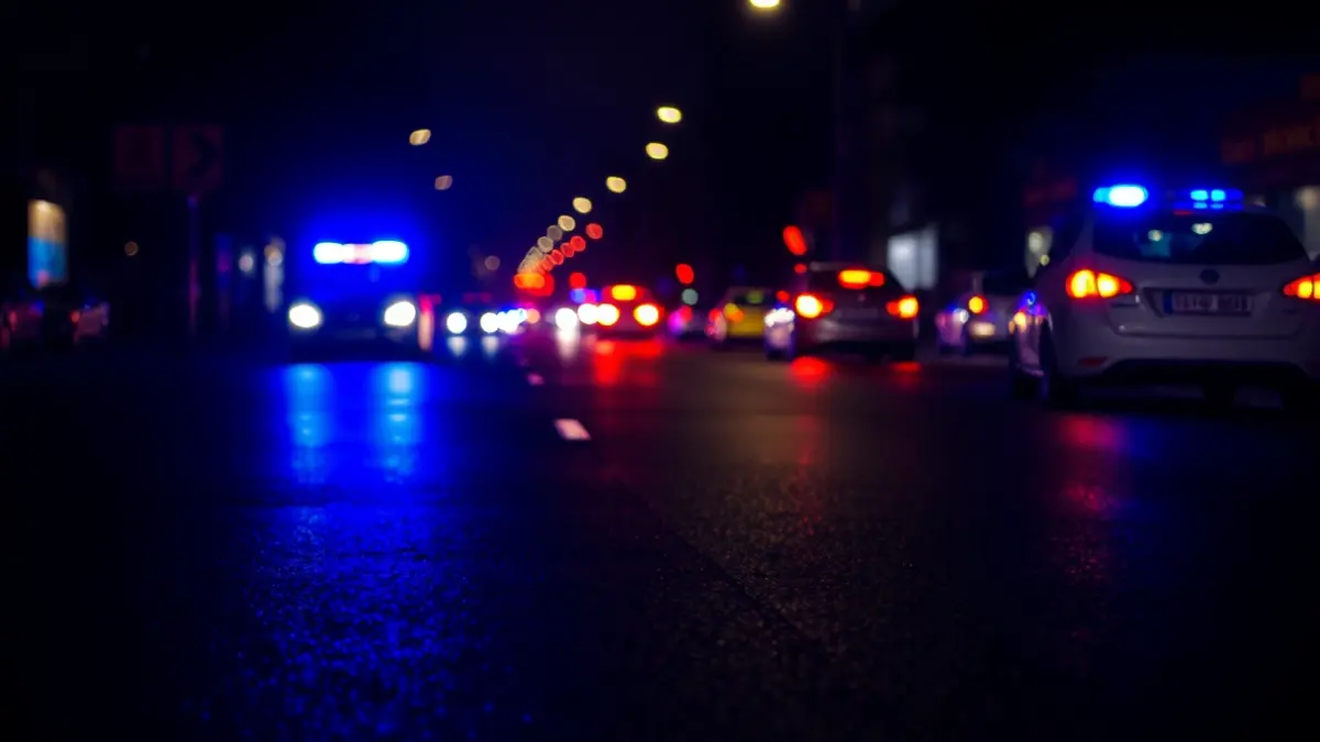 Imagen genérica de luces de emergencia policiales reflejadas en el asfalto mojado.