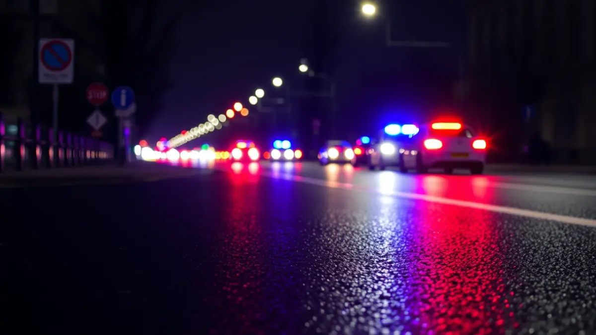 Imagen genérica de luces de emergencia policiales reflejadas en el asfalto mojado.