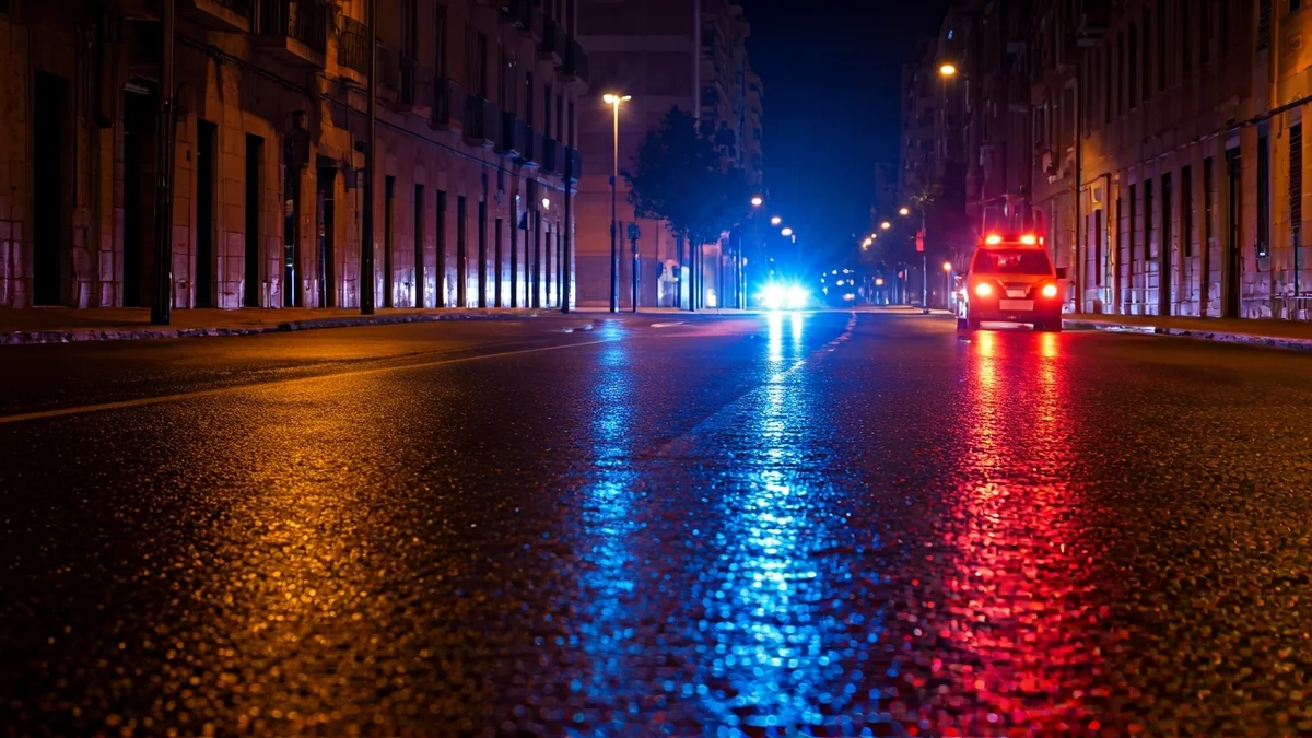Generic image of police emergency lights reflecting on wet asphalt.