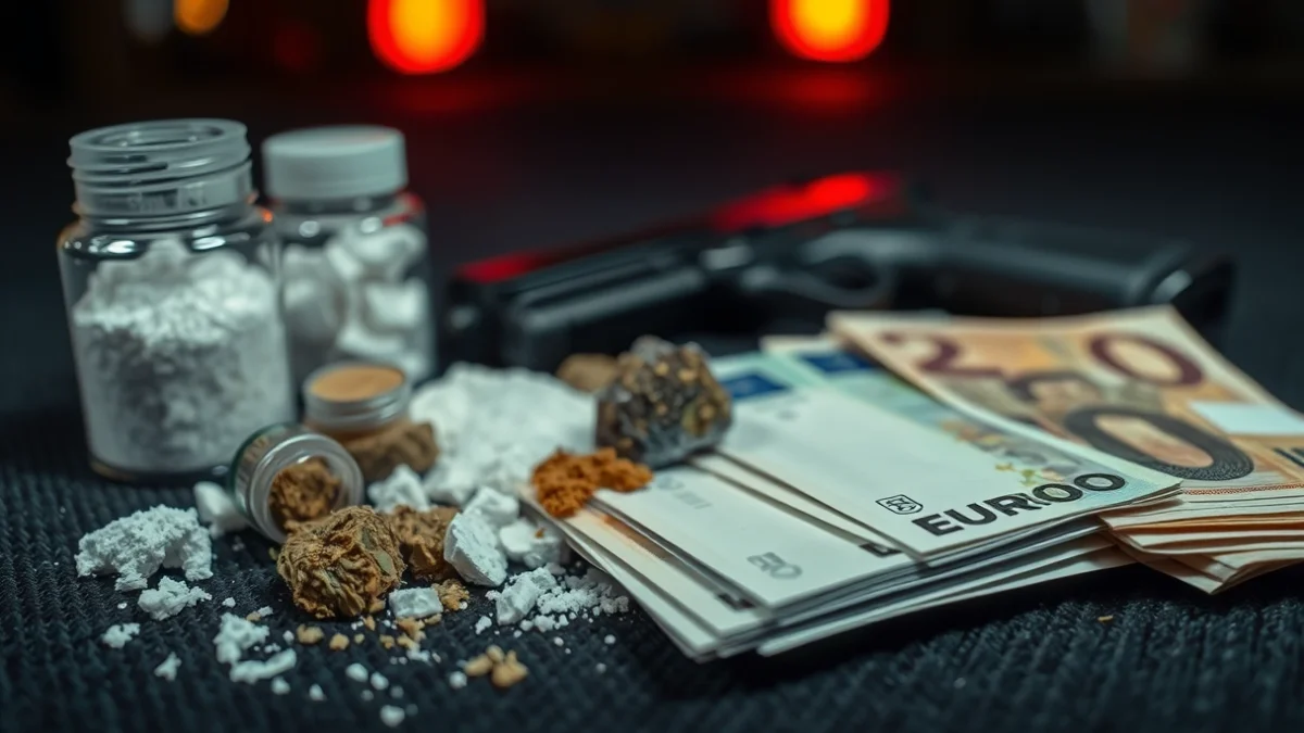 Sustancias estupefacientes, dinero en efectivo y armas incautadas en una operación policial.