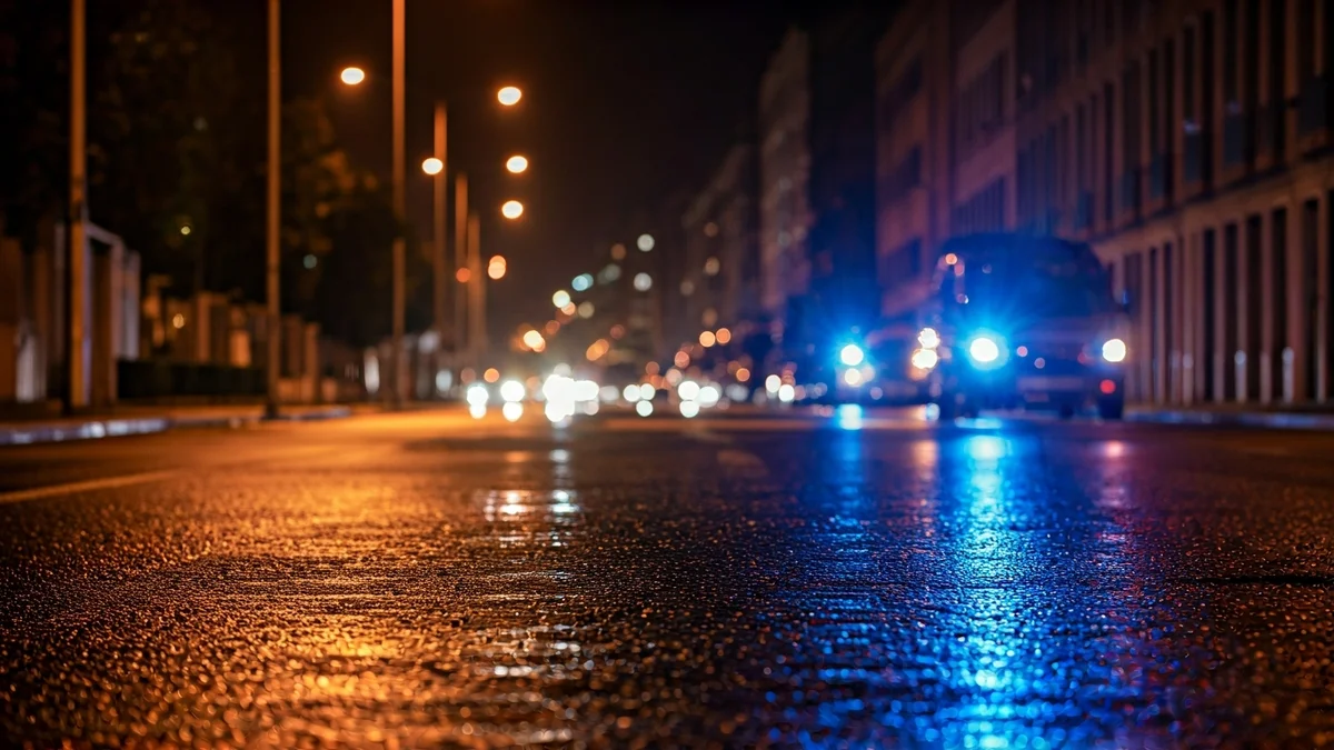Generic image of police emergency lights reflecting on wet asphalt.