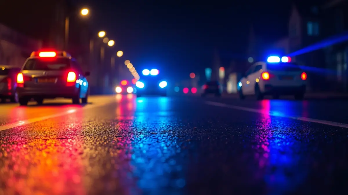 Generic image of police emergency lights reflecting on wet asphalt.