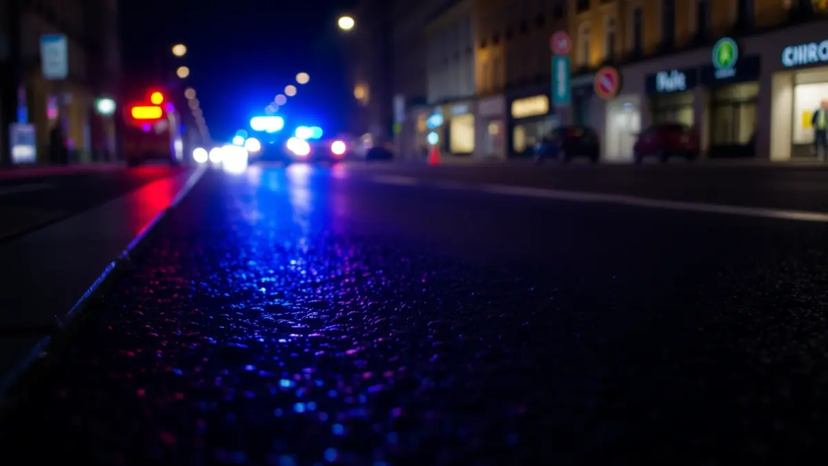 Generic image of police emergency lights reflecting on wet asphalt.