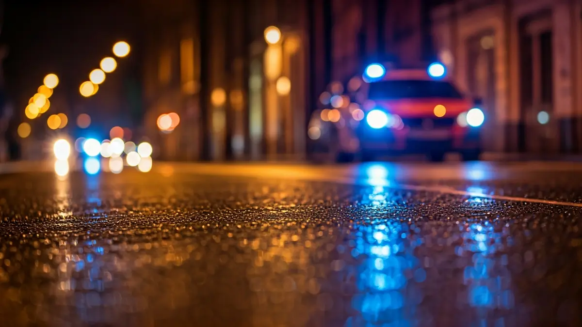 Generic image of emergency lights reflected on wet asphalt.