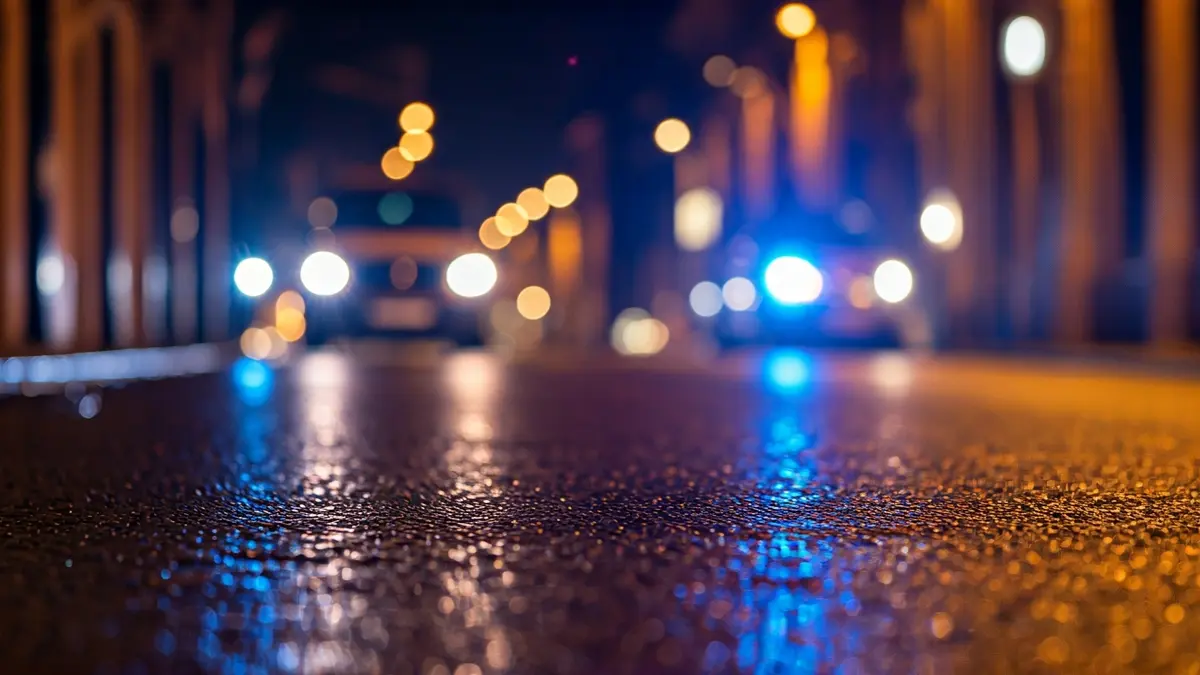 Generic image of emergency lights reflecting on wet asphalt at night.