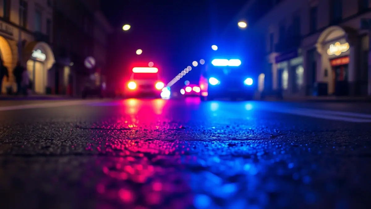 Generic image of police emergency lights reflected on wet asphalt.