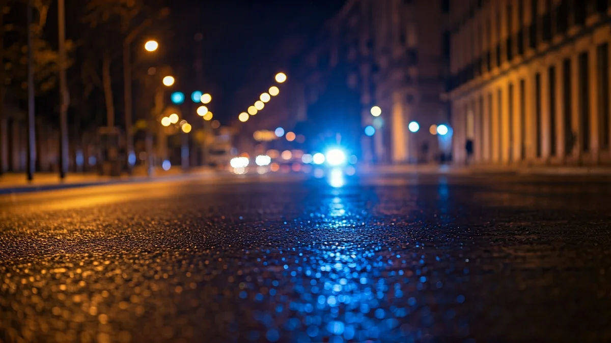 Generic image of emergency lights reflecting on wet asphalt in an urban setting in Madrid.