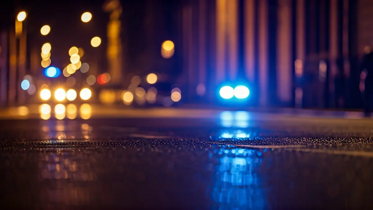 Imagen genérica de luces de emergencia de la policía reflejadas en el asfalto mojado.
