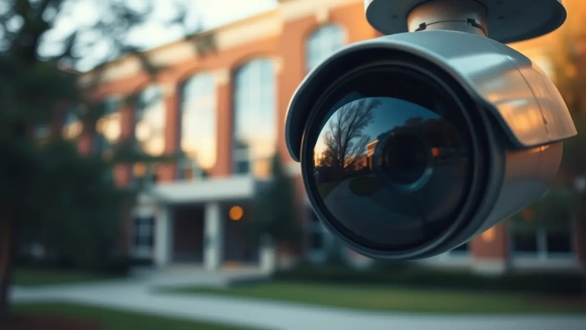 Generic image of a security camera, with a university campus in the background.