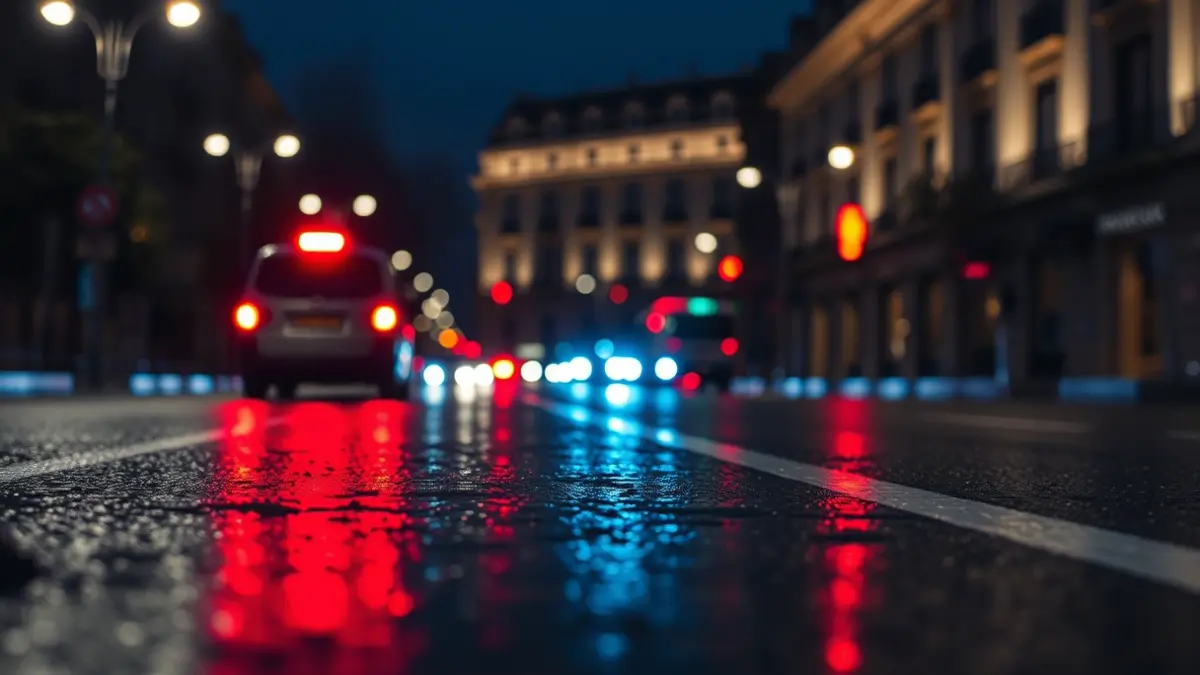 Imagen genérica de luces de emergencia policiales reflejadas en el asfalto mojado en un entorno urbano de Madrid.
