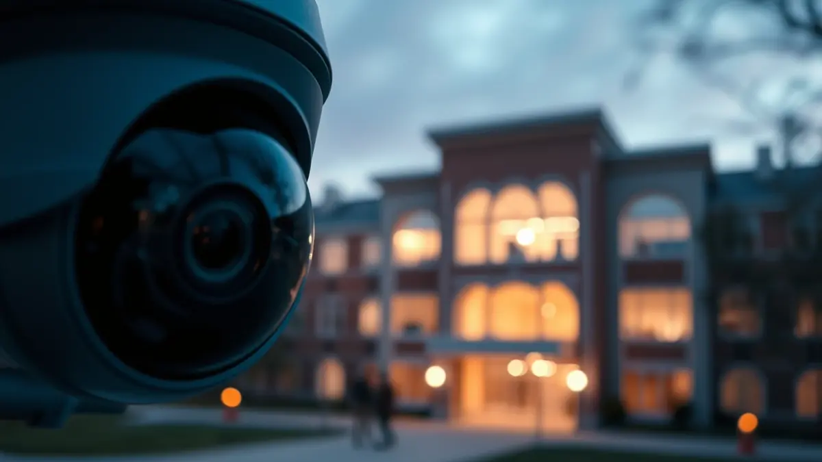 Cámara de videovigilancia moderna con un campus universitario de fondo.