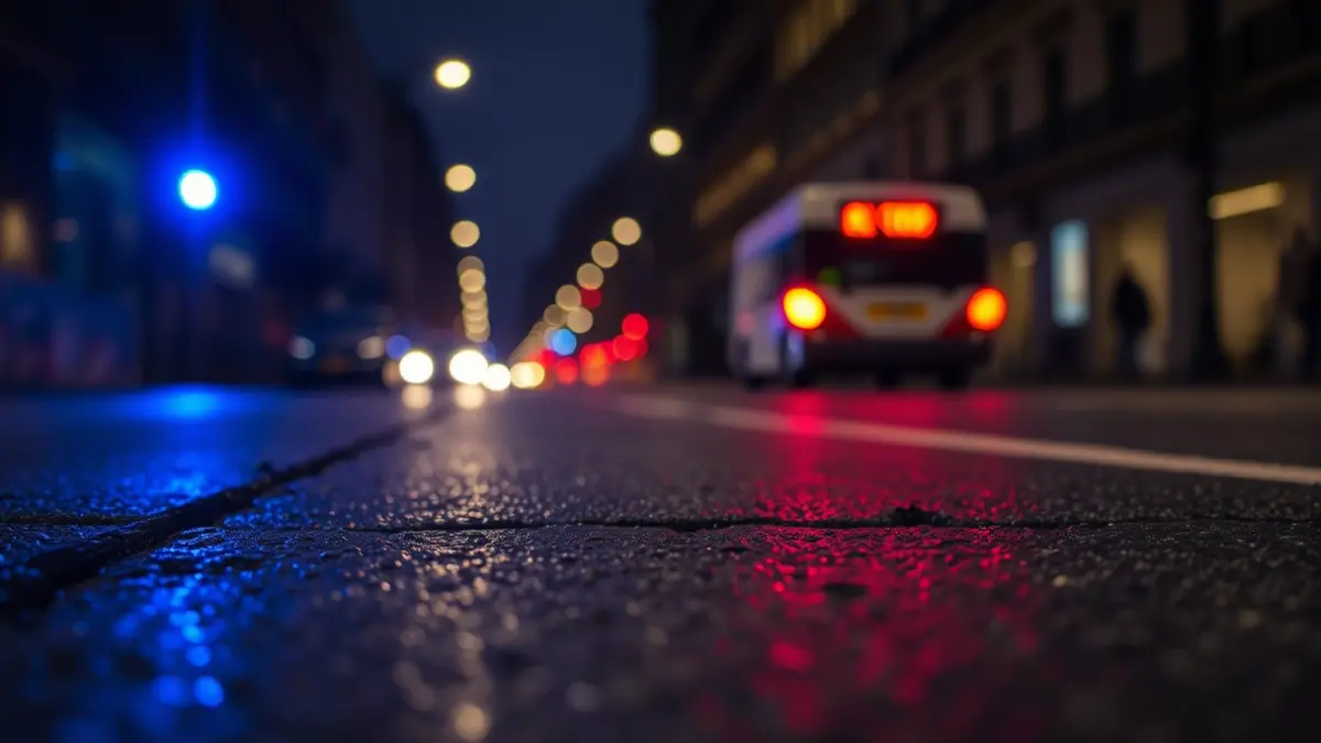Generic image of police emergency lights reflected on wet asphalt of a Madrid street.