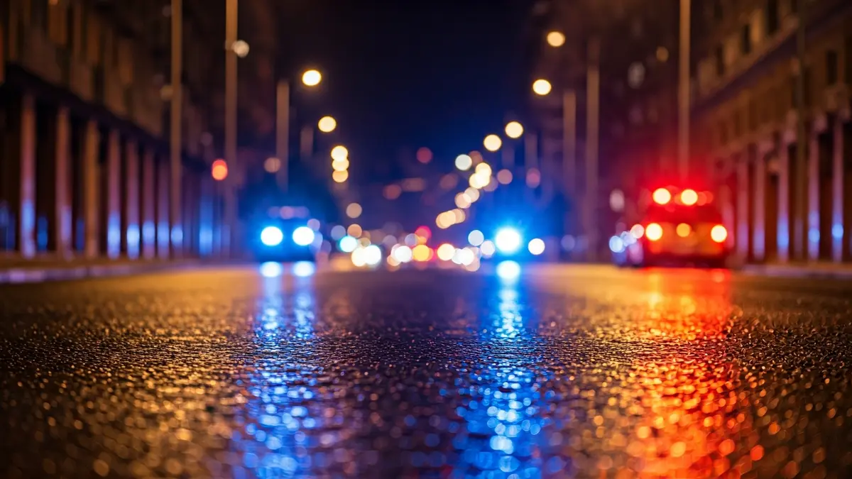 Imagen genérica de luces de emergencia reflejadas en el asfalto mojado.