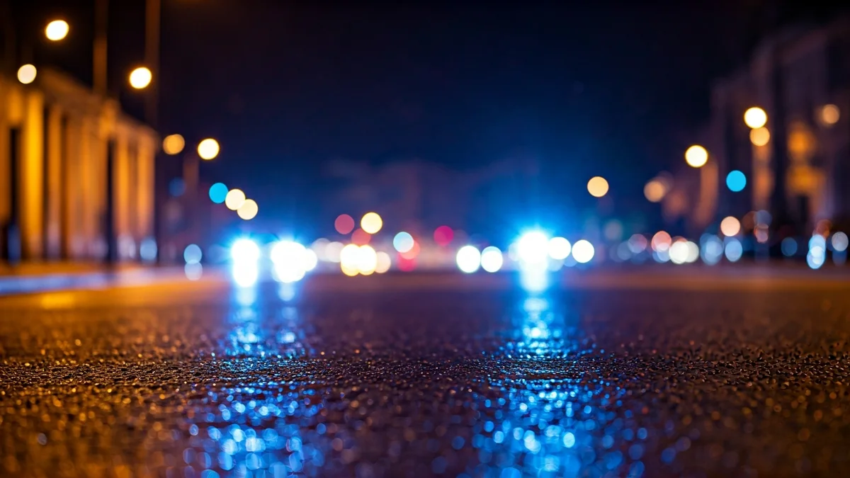 Generic image of emergency lights reflected on wet asphalt.