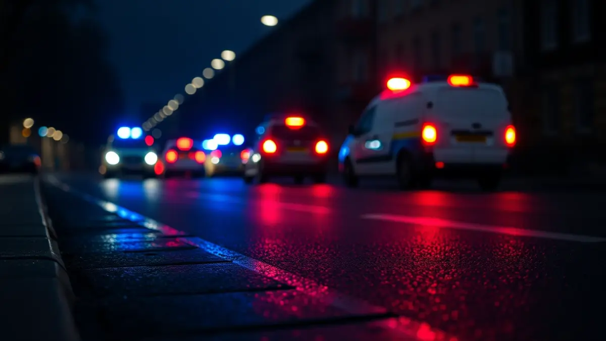 Generic image of emergency lights reflected on wet asphalt.