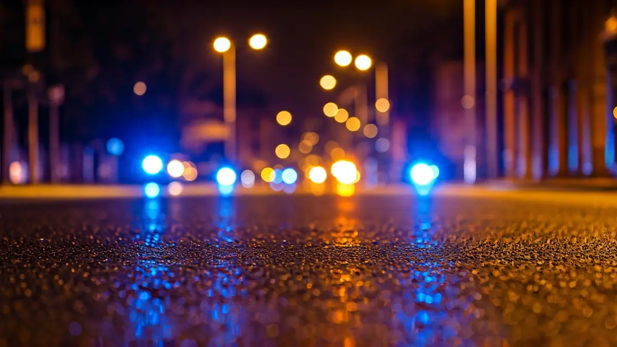 Generic image of emergency lights reflecting on wet asphalt at night.