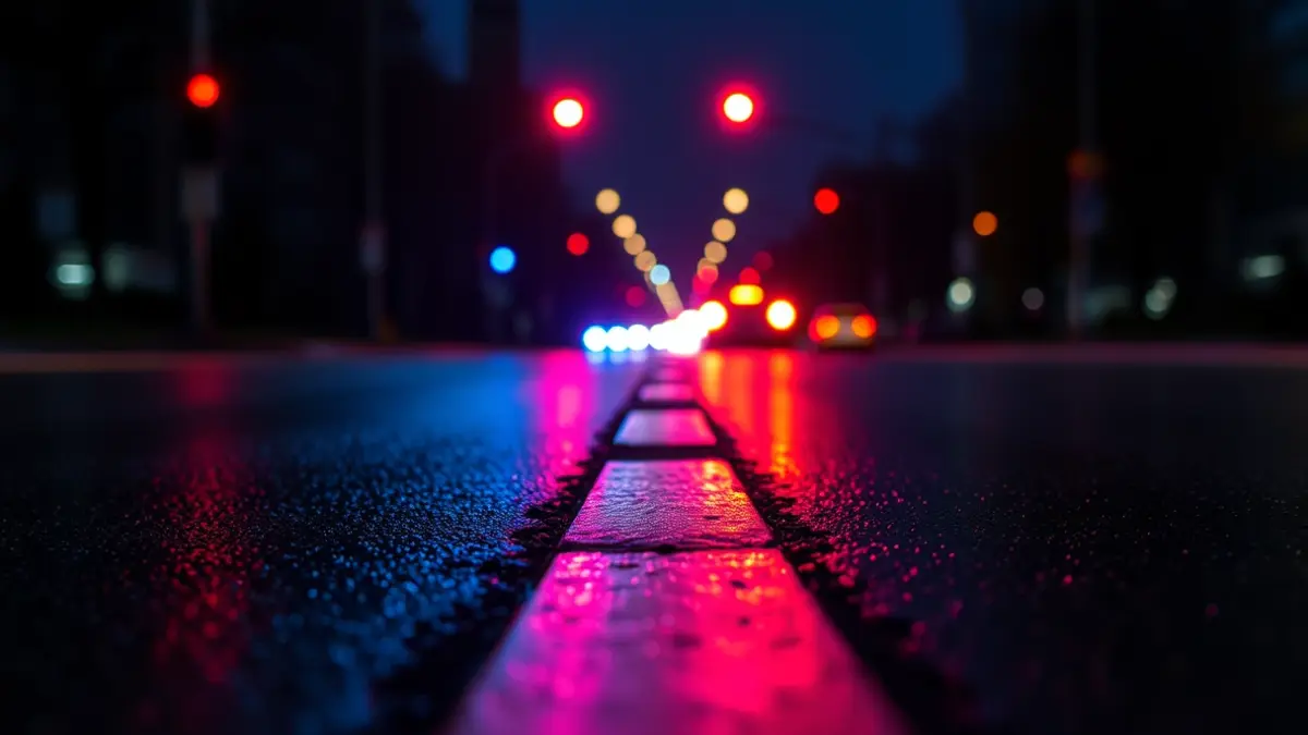 Generic image of emergency lights reflecting on wet asphalt at night.
