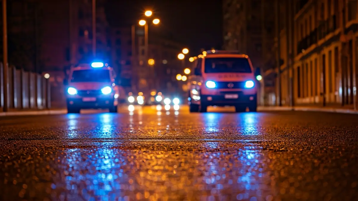 Generic image of emergency lights reflecting on wet asphalt at night.