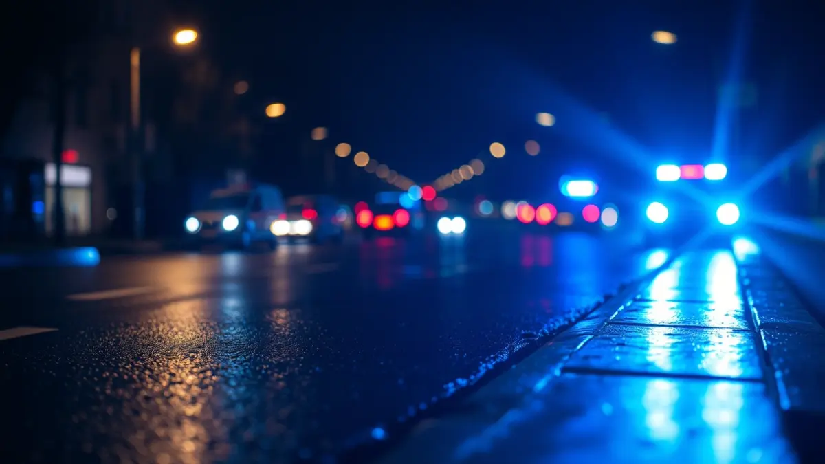 Generic image of police emergency lights reflecting on wet city asphalt.