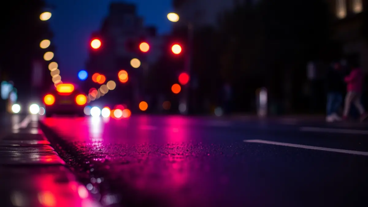 Generic image of police emergency lights reflected on wet asphalt in a Madrid street.