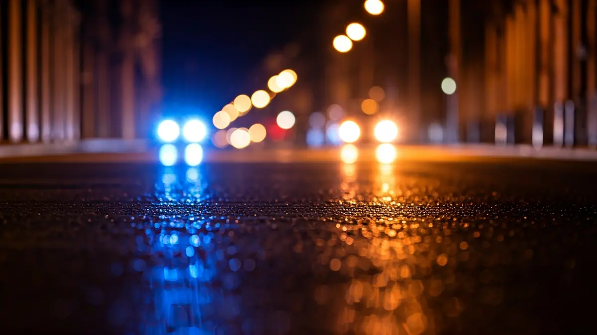 Generic image of police emergency lights reflecting on wet asphalt at night.