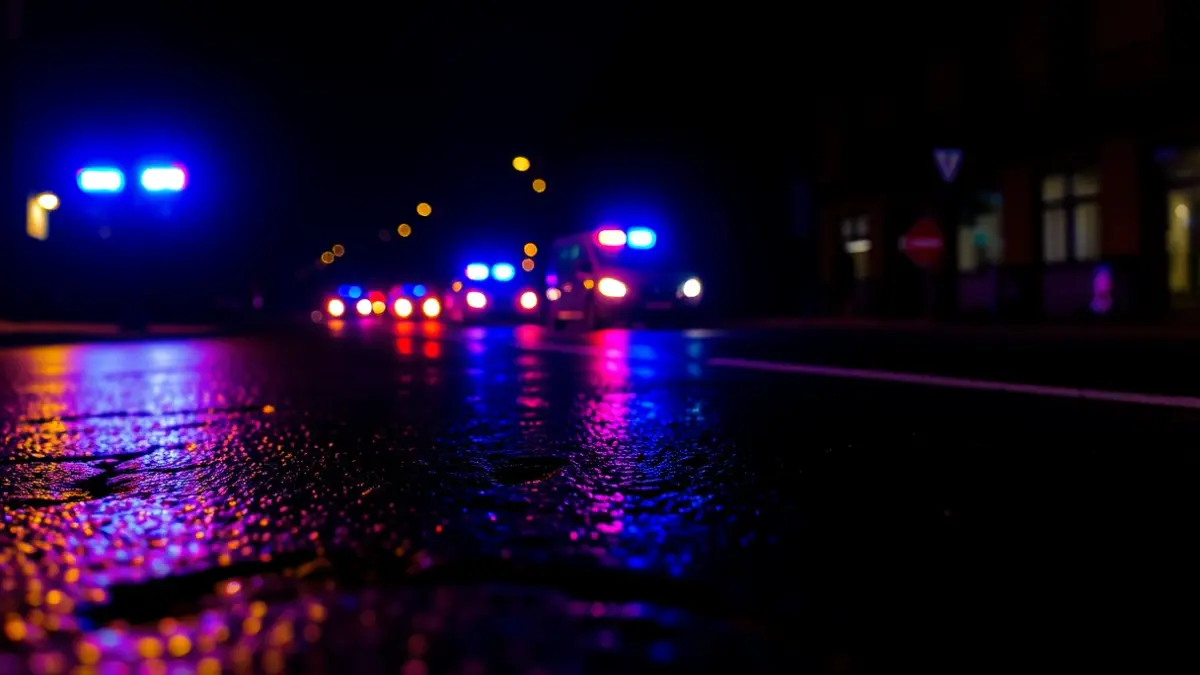 Generic image of police emergency lights reflected on wet asphalt.