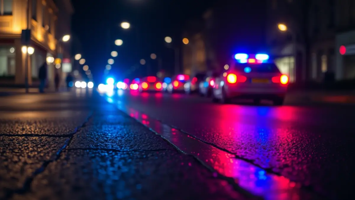 Generic image of police emergency lights reflecting on wet asphalt at night.