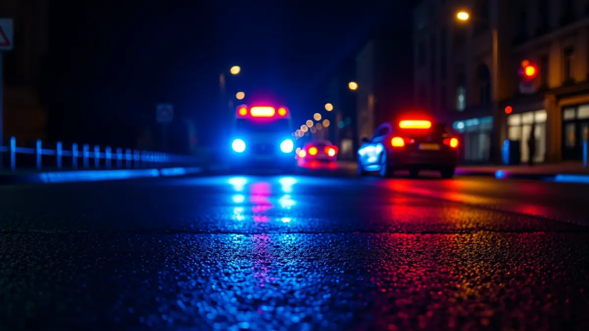 Generic image of police emergency lights reflecting on wet asphalt at night.
