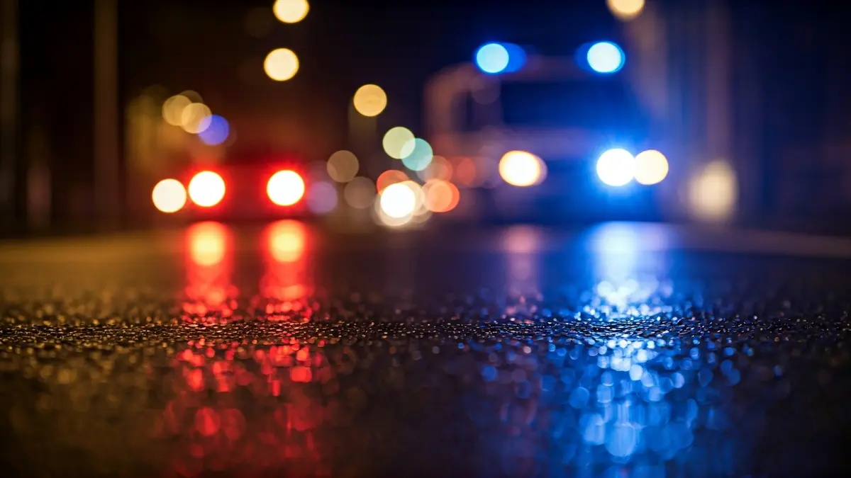 Imagen genérica de luces de emergencia policiales reflejadas en el asfalto mojado de una ciudad europea.