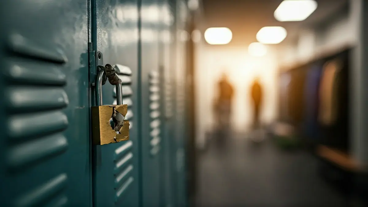 Image of a broken padlock on a gym locker, symbolizing a theft.