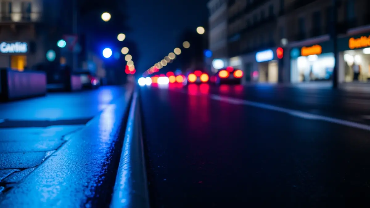 Generic image of police emergency lights reflected on wet asphalt.