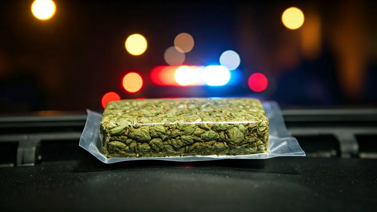 Imagen de un paquete de marihuana prensada y envasada al vacío, con luces de policía borrosas al fondo.
