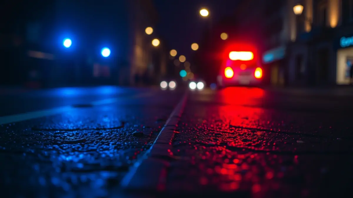 Imagen genérica de luces de emergencia reflejadas en el asfalto mojado.