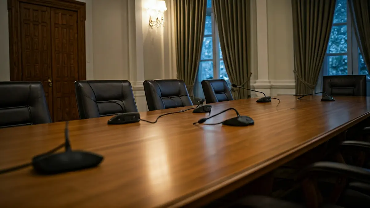 Imagen genérica de una sala de reuniones con micrófonos, simbolizando negociaciones políticas.