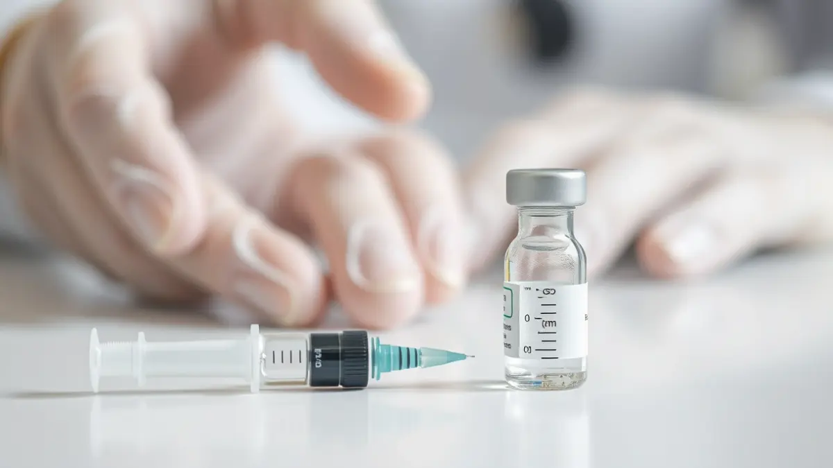 Generic image of a syringe and a vaccine vial, symbolizing international vaccination.