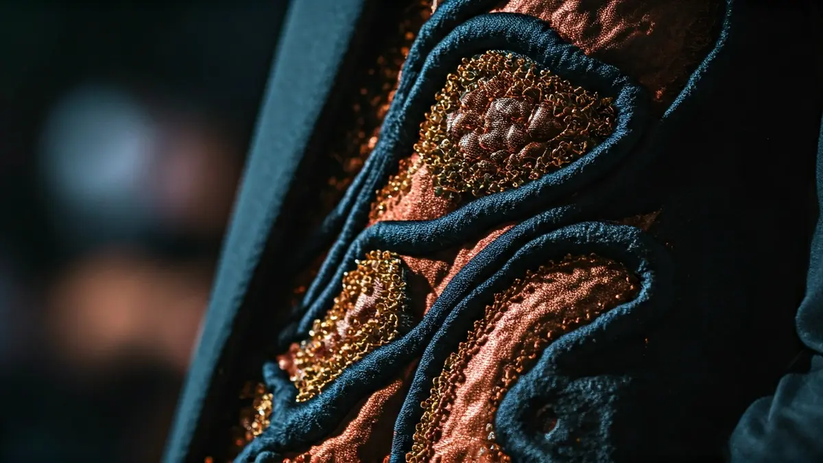 Diseño de moda con texturas orgánicas y arquitectónicas en una pasarela.