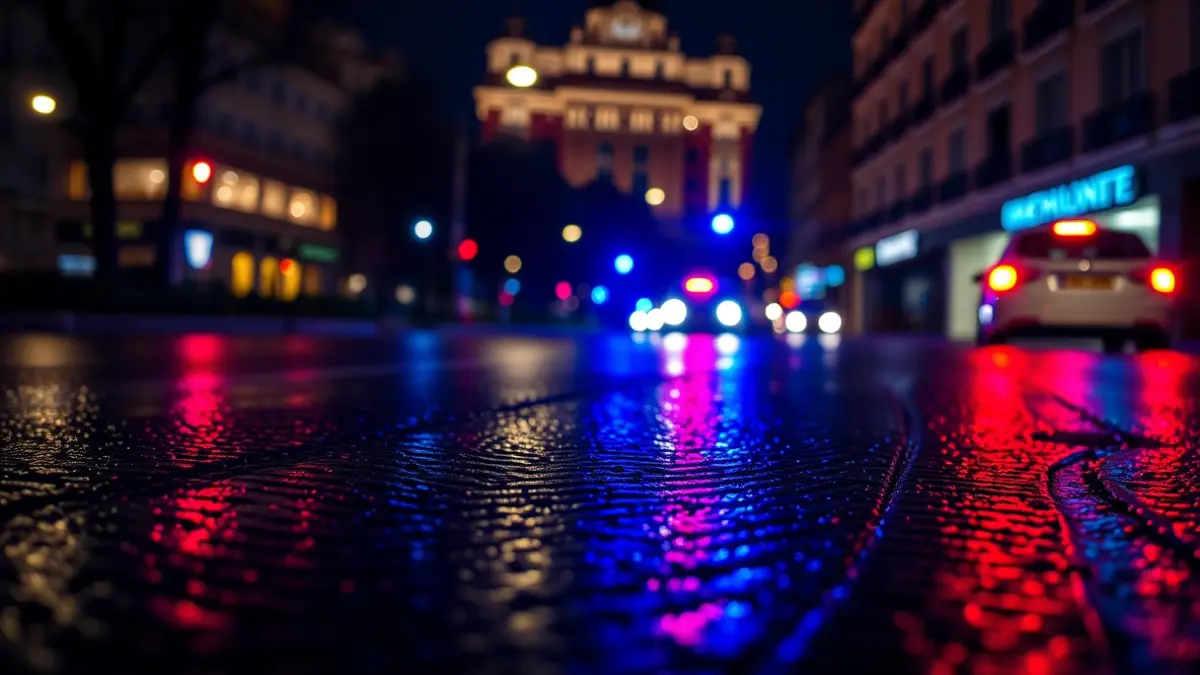 Imagen genérica de luces de emergencia reflejadas en el asfalto mojado en un entorno urbano.