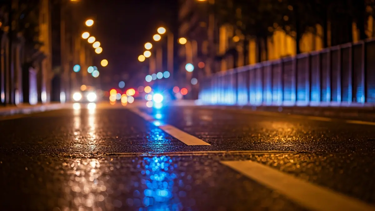 Generic image of emergency lights reflecting on wet asphalt at night.