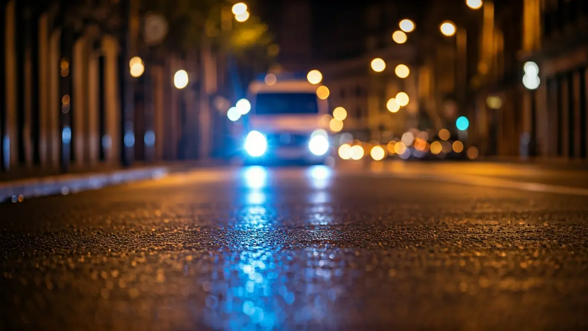 Generic image of emergency lights reflecting on wet asphalt in an urban Madrid street.