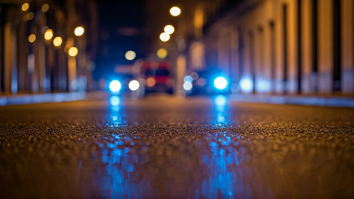 Imagen genérica de luces de emergencia reflejadas en el asfalto mojado en una calle urbana de Madrid.