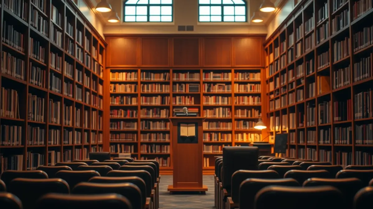 Generic image of a library interior with wooden bookshelves and a podium with a microphone, lit with warm light.