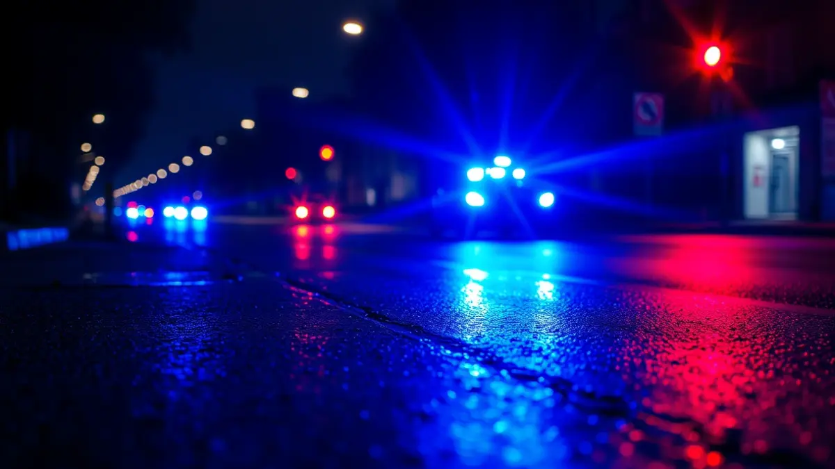 Generic image of emergency lights reflected on wet asphalt.