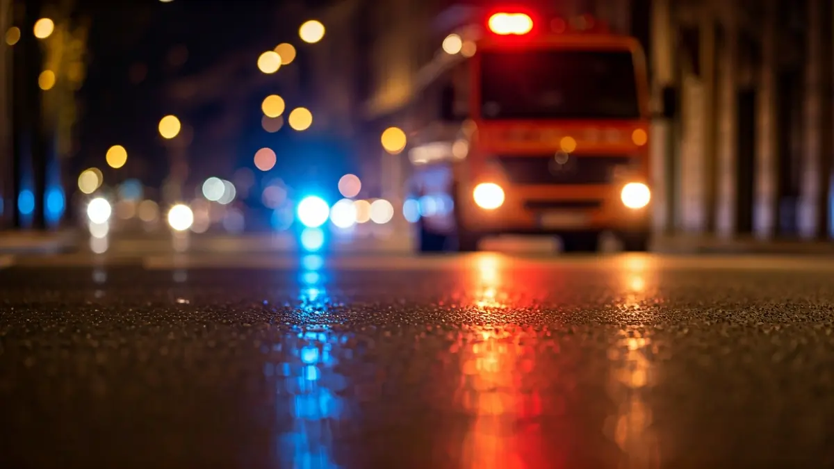 Generic image of police emergency lights reflected on wet asphalt.