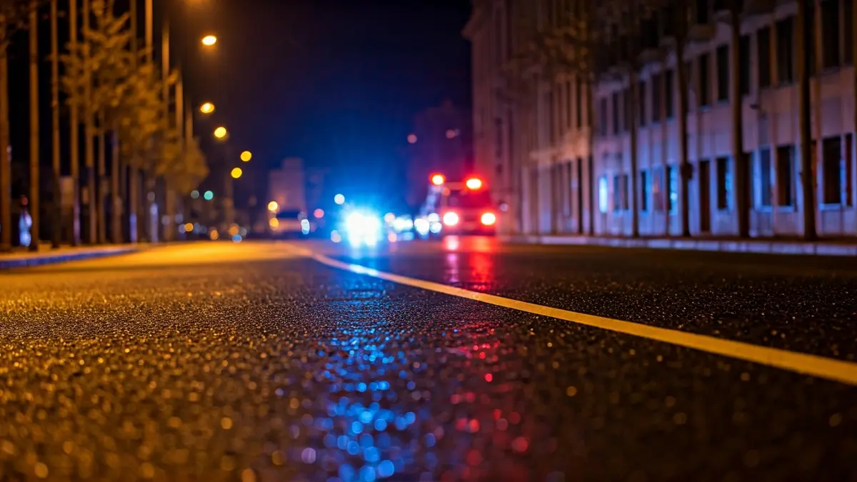 Generic image of police emergency lights reflecting on wet asphalt.