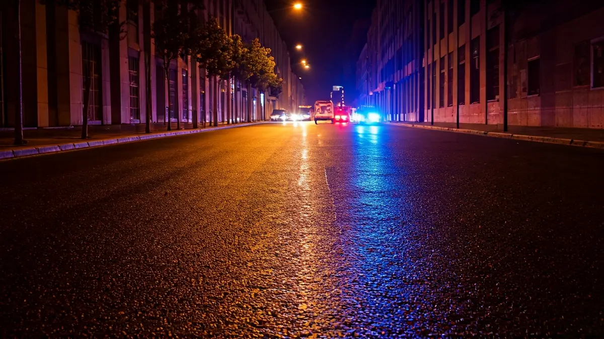 Generic image of emergency lights reflecting on wet asphalt at night.