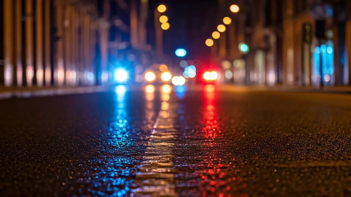 Generic image of emergency lights reflecting on wet asphalt in a Madrid street.