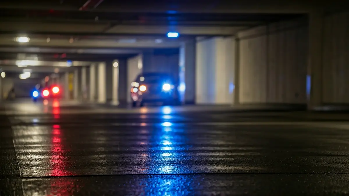 Imagen genérica de luces de emergencia reflejadas en el asfalto mojado de un parking subterráneo.