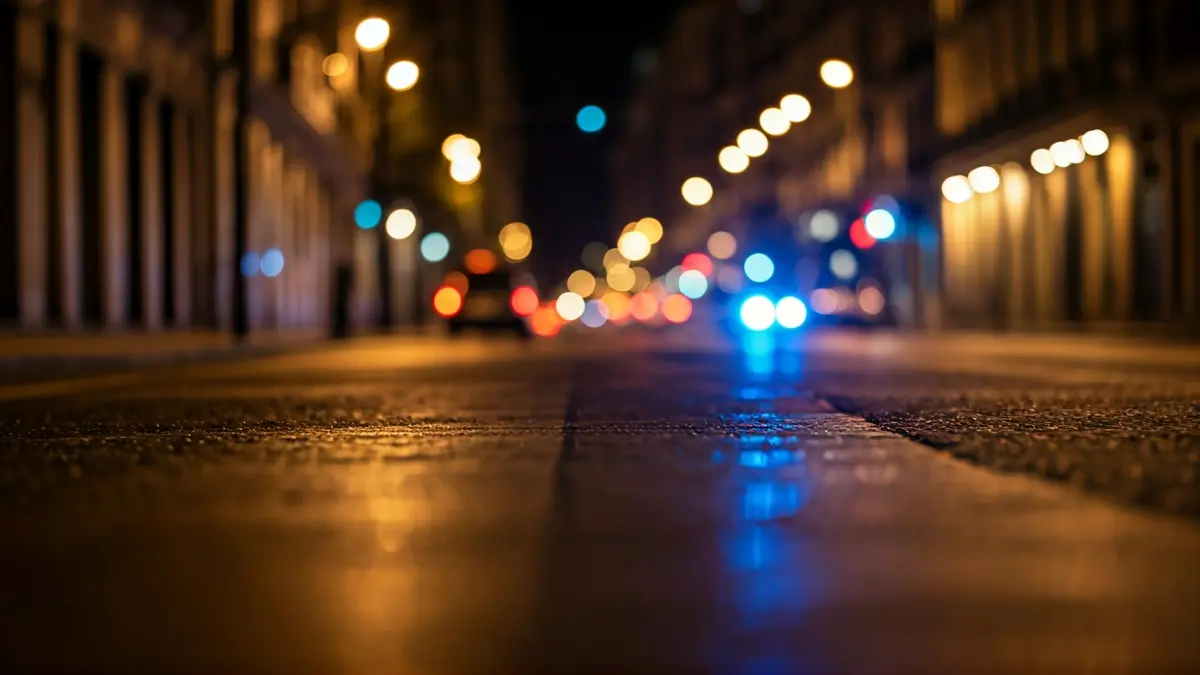Generic image of emergency lights reflecting on wet asphalt on an urban Madrid street at night.